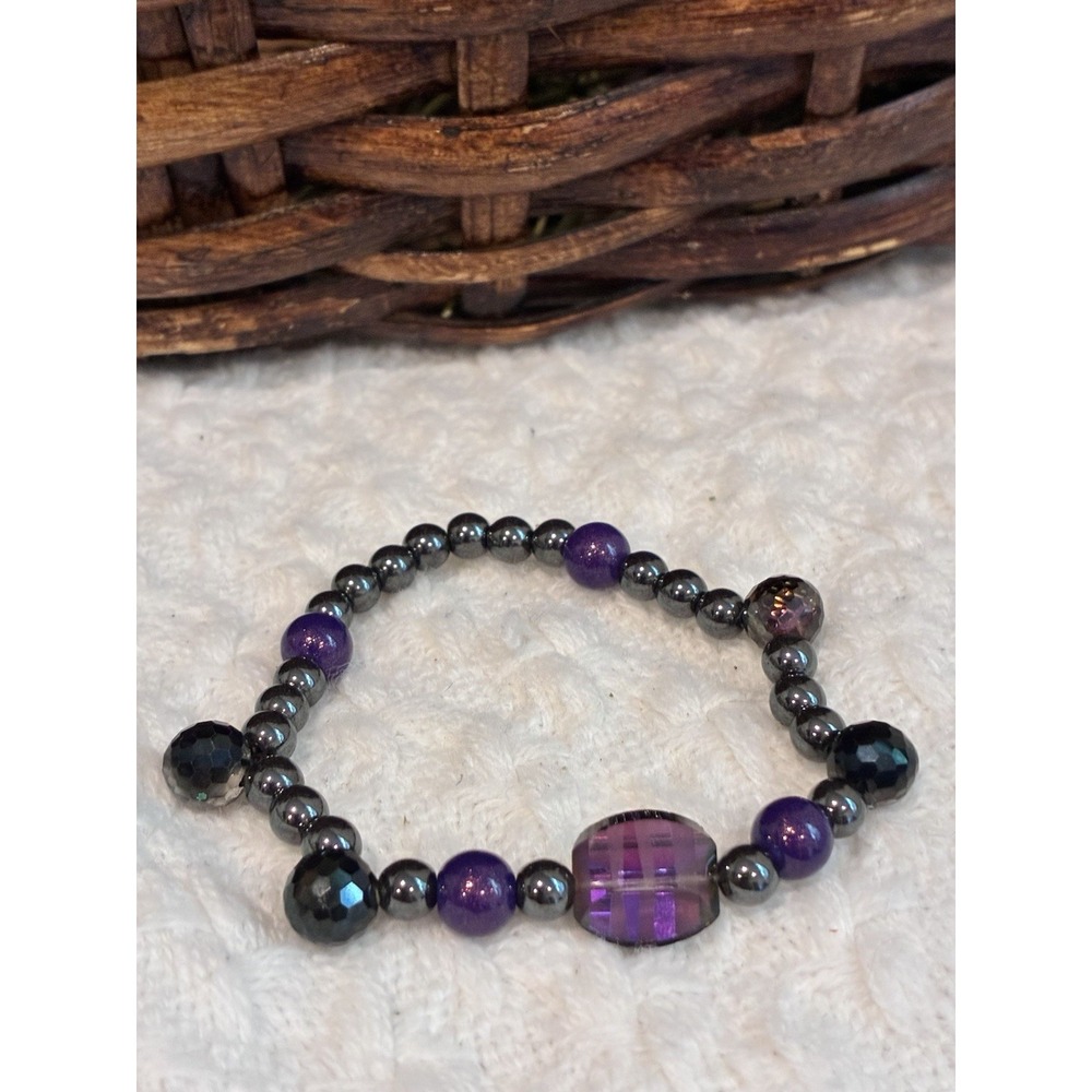 Purple Gunmetal Hematite Beaded Stretch Bracelet Plaid Faceted Statement